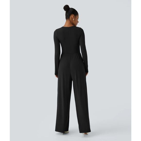 Halara Zipper Long Sleeve Ruched Pocket Wide Leg Casual Jumpsuit Black Small - Picture 1 of 3